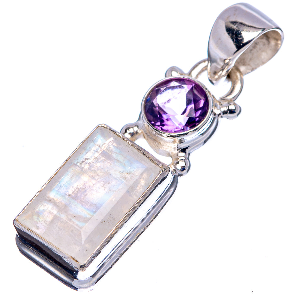 Faceted Rainbow Moonstone , Amethyst Pendant 1 1/4" (.925 Sterling Silver)
