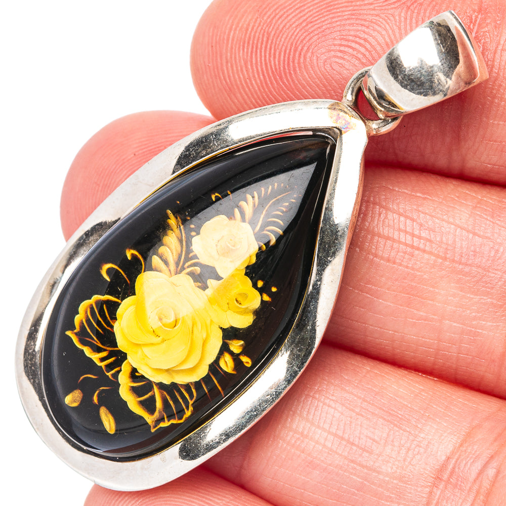 Amber Intaglio Rose Pendant 1 7/8" (925 Sterling Silver) P42570