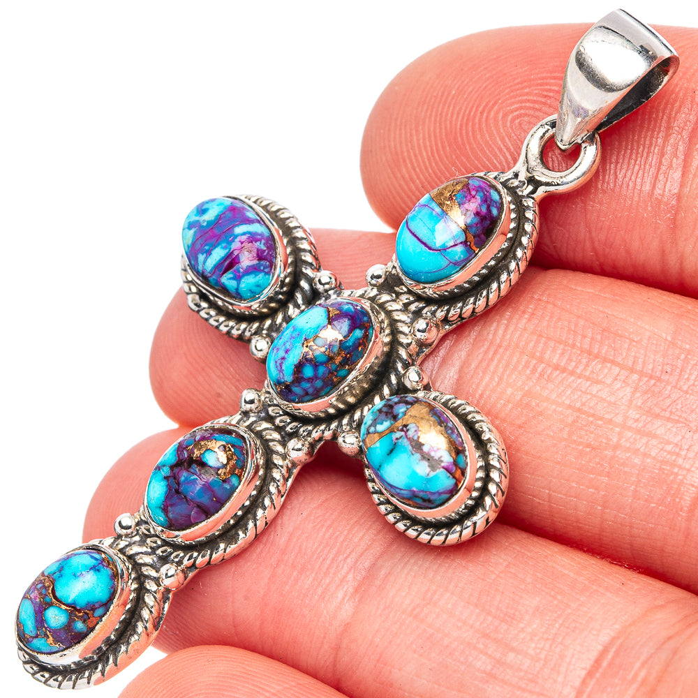 Spiny Oyster Turquoise Cross Pendant 2" (925 Sterling Silver) P43141