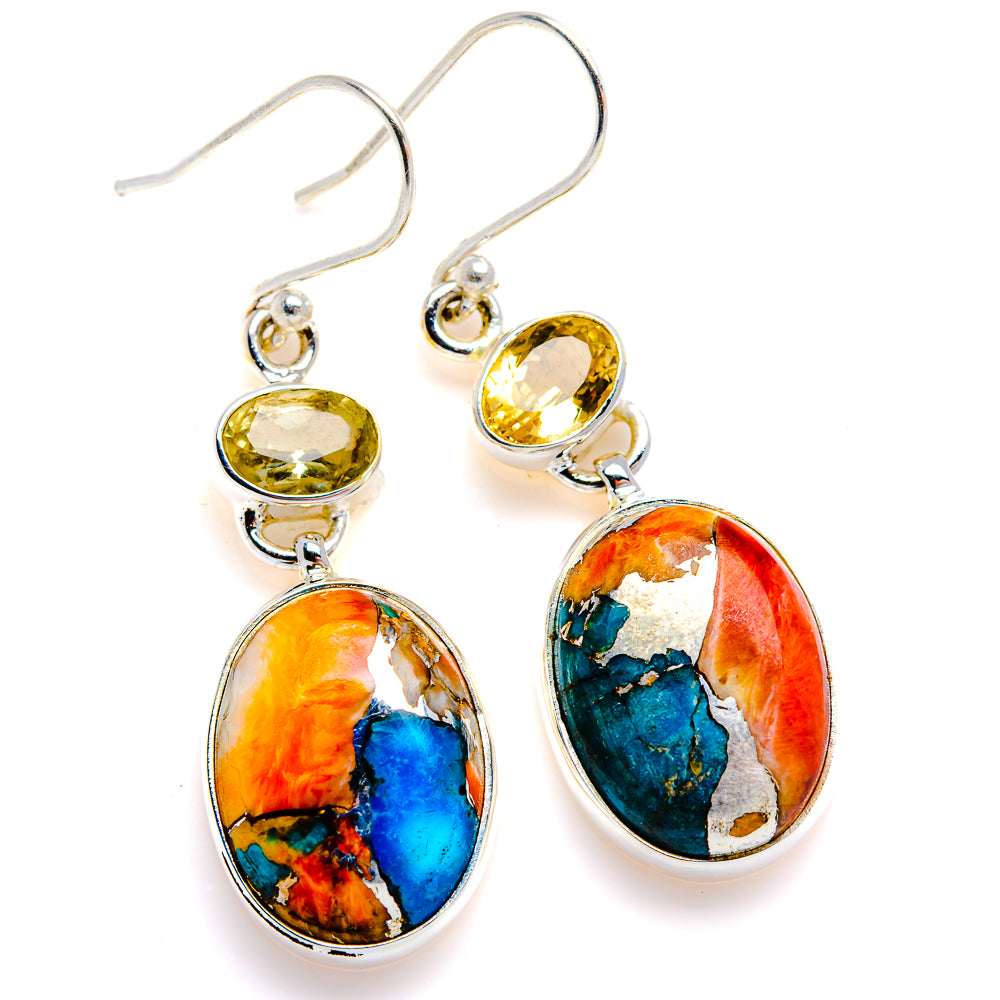 Spiny Oyster Turquoise, Citrine Earrings 1 3/4" (925 Sterling Silver) EARR432120