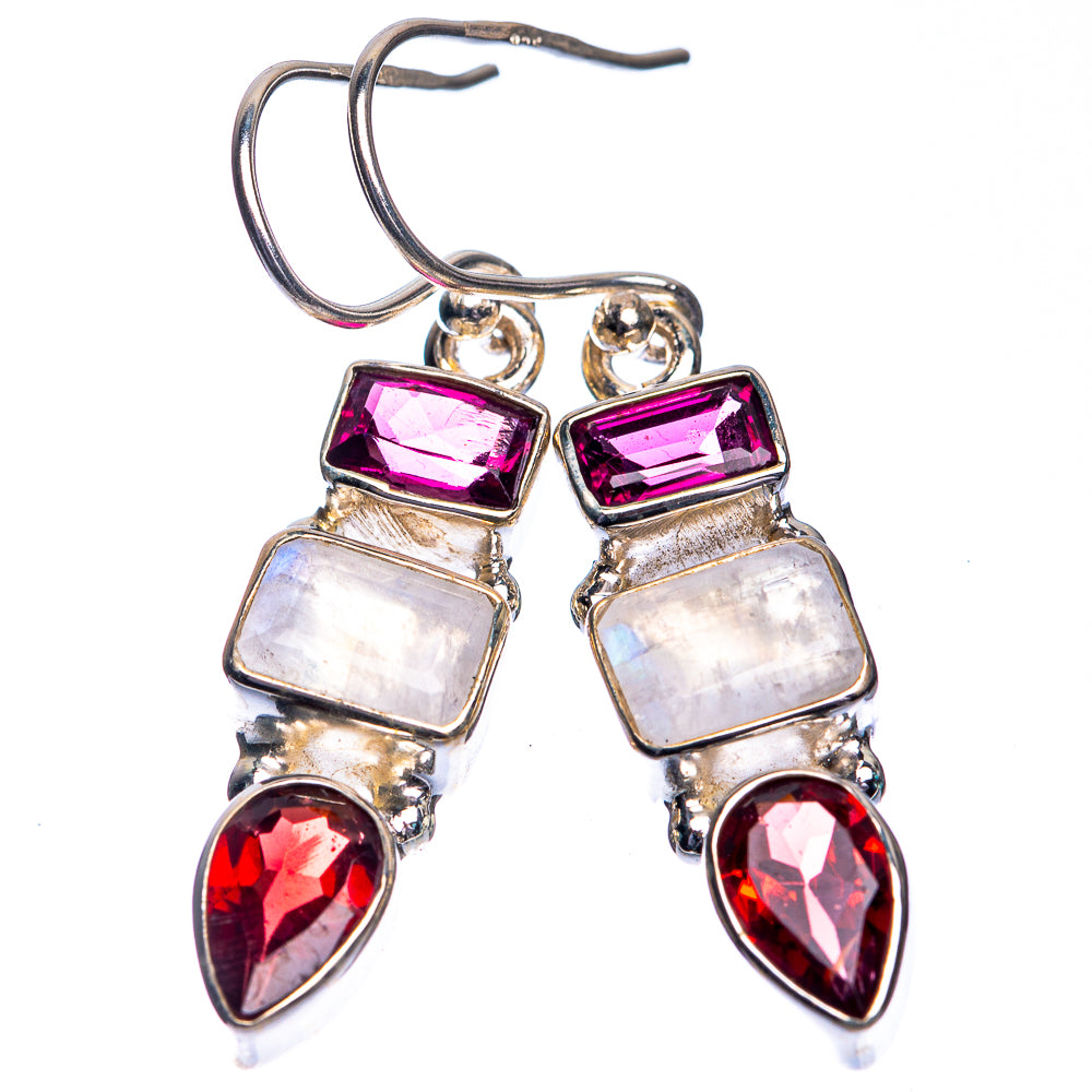Rainbow Moonstone, Garnet Earrings 1 1/2" (925 Sterling Silver) E432755