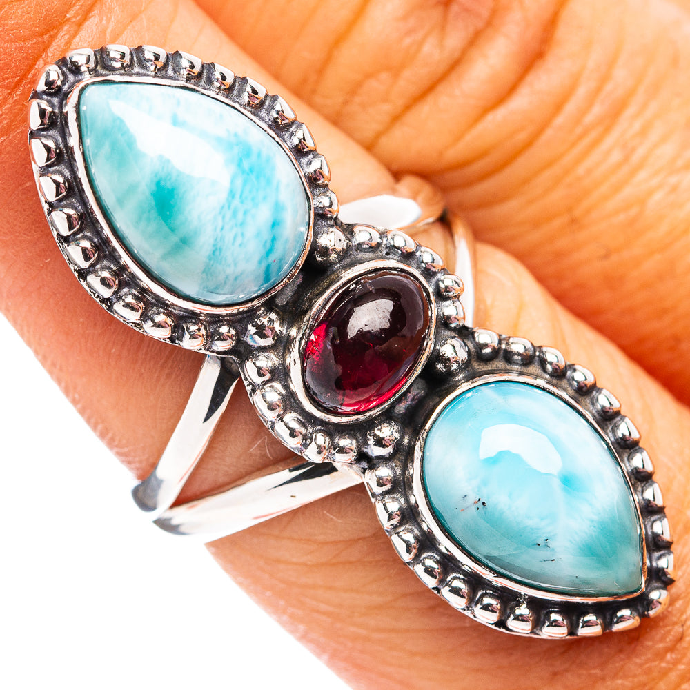Premium Larimar, Garnet Ring Size 7 (.925 Sterling Silver)
