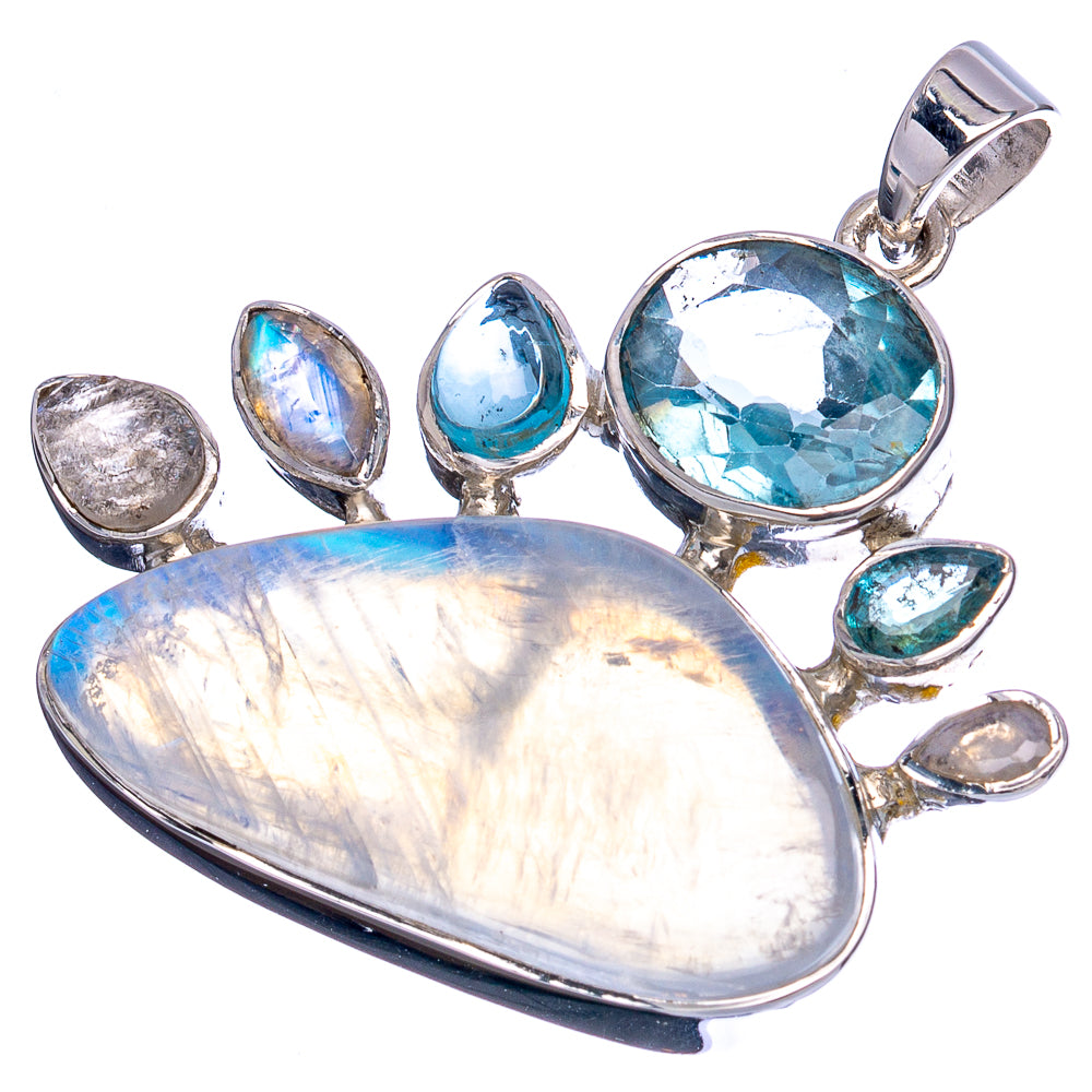 Signature Rainbow Moonstone, Blue Topaz, Rainbow Moonstone Pendant 1 1/2" (.925 Sterling Silver)