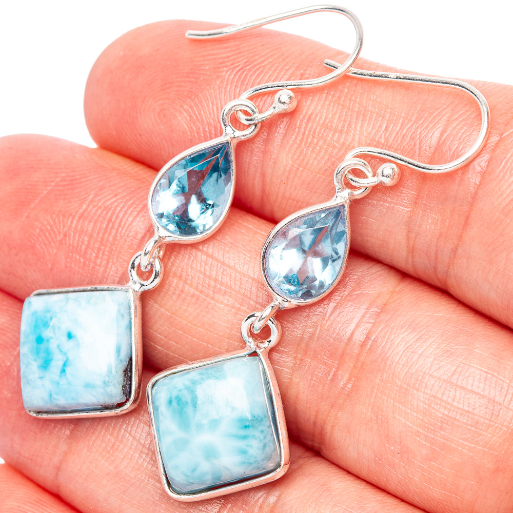 Rare Larimiar, Blue Topaz Earrings 1 3/4" (.925 Sterling Silver)