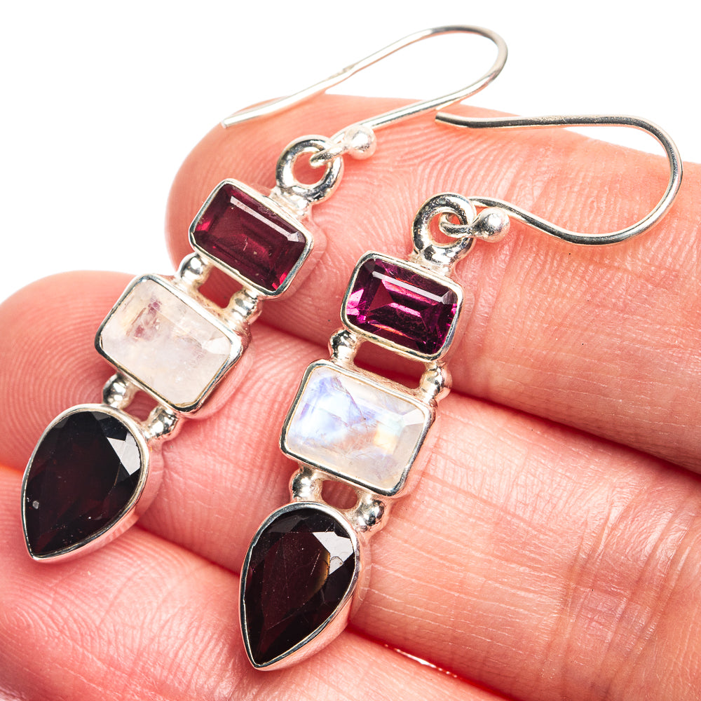 Rainbow Moonstone, Garnet Earrings 1 5/8" (925 Sterling Silver) E432748