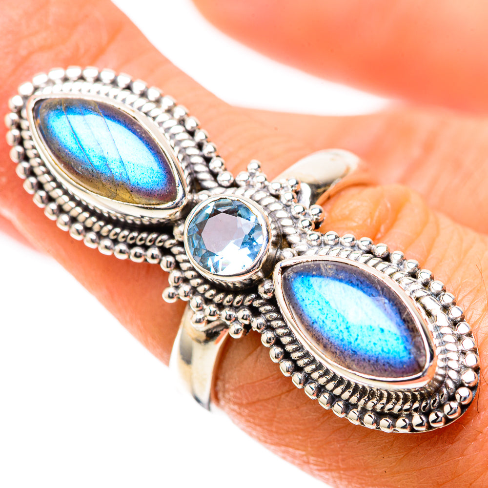 Large Labradorite, Blue Topaz Ring Size 7.25 (925 Sterling Silver) RING138020