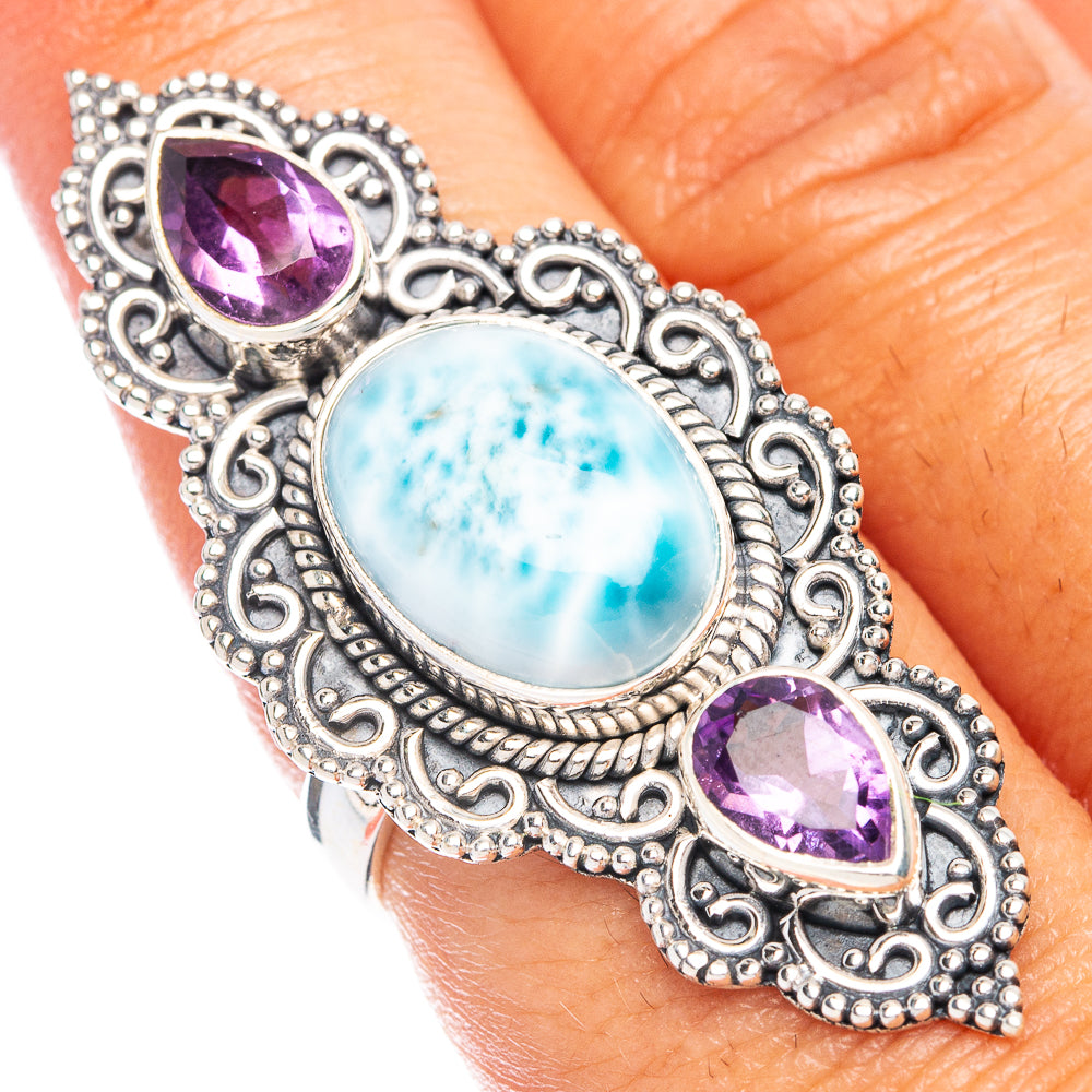 Large Larimar, Amethyst Ring Size 7.75 (925 Sterling Silver) R7337