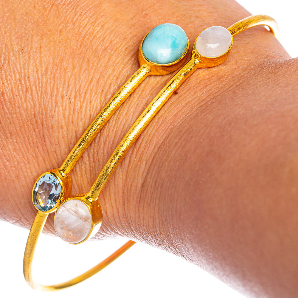 Larimar, Rainbow Moonstone, Blue Topaz Cuff Bracelet 7 To 8" (925 Sterling Silver) BR90336