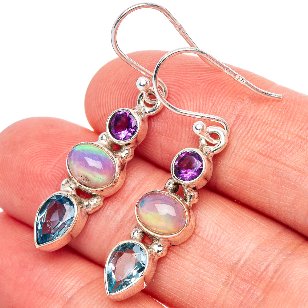 Rare Ethiopian Opal, Blue Topaz, Amethyst Earrings 1 3/8" (925 Sterling Silver) E1395