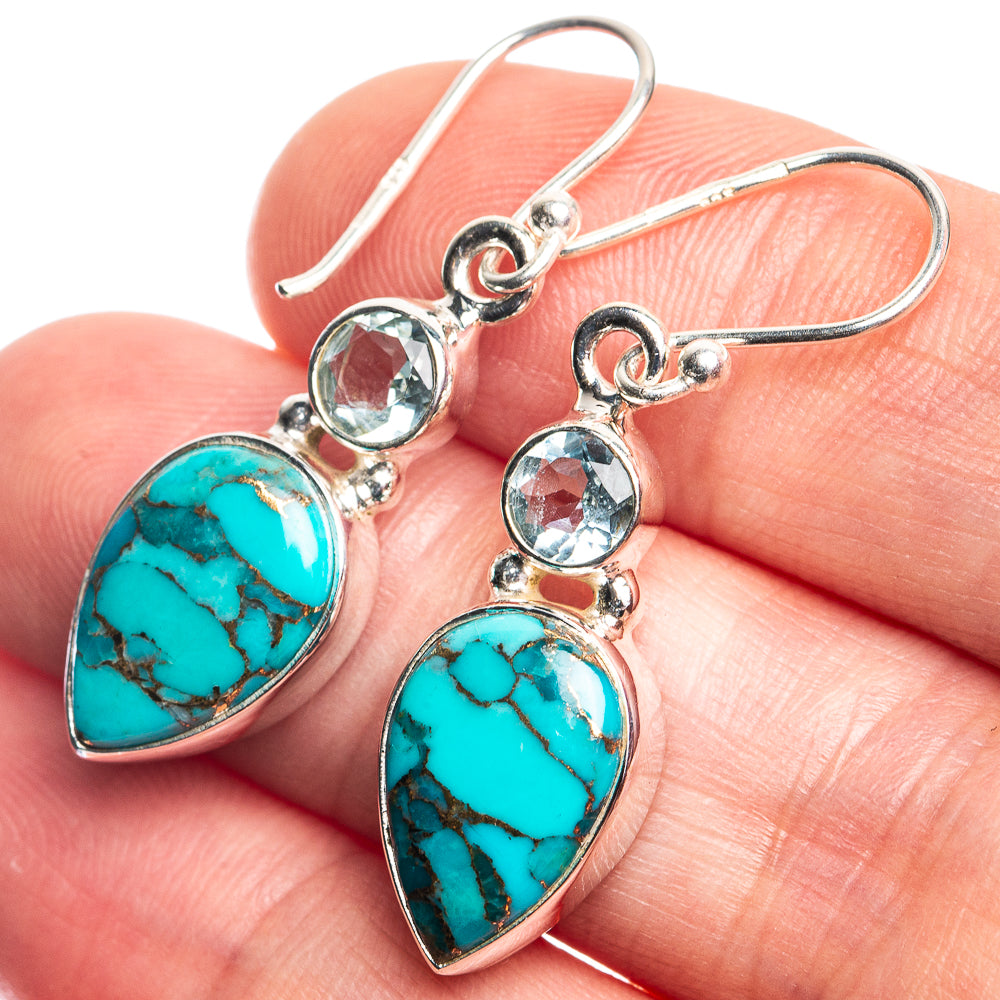 Blue Copper Composite Turquoise, Blue Topaz Earrings 1 3/8" (925 Sterling Silver) E432720