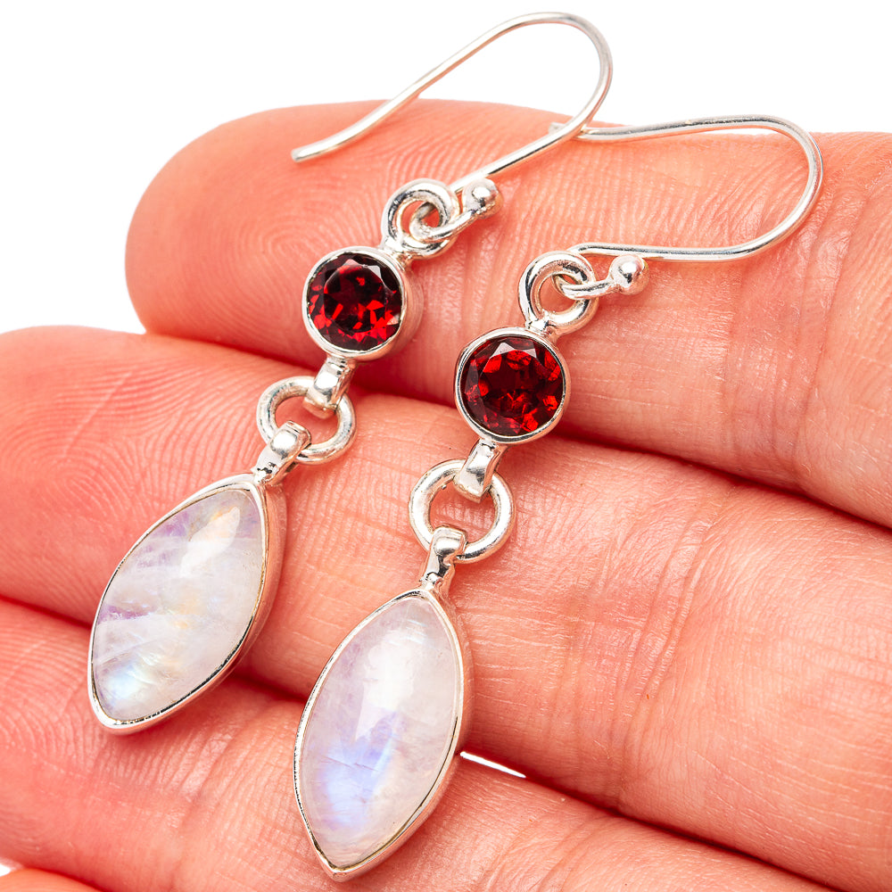 Rainbow Moonstone, Garnet Earrings 1 3/4" (.925 Sterling Silver)