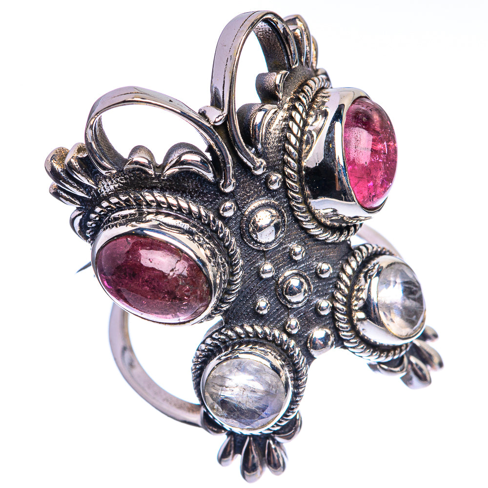 Large Pink Tourmlaine, Rainbow Moonstone 925 Sterling Silver Ring Size 6.5