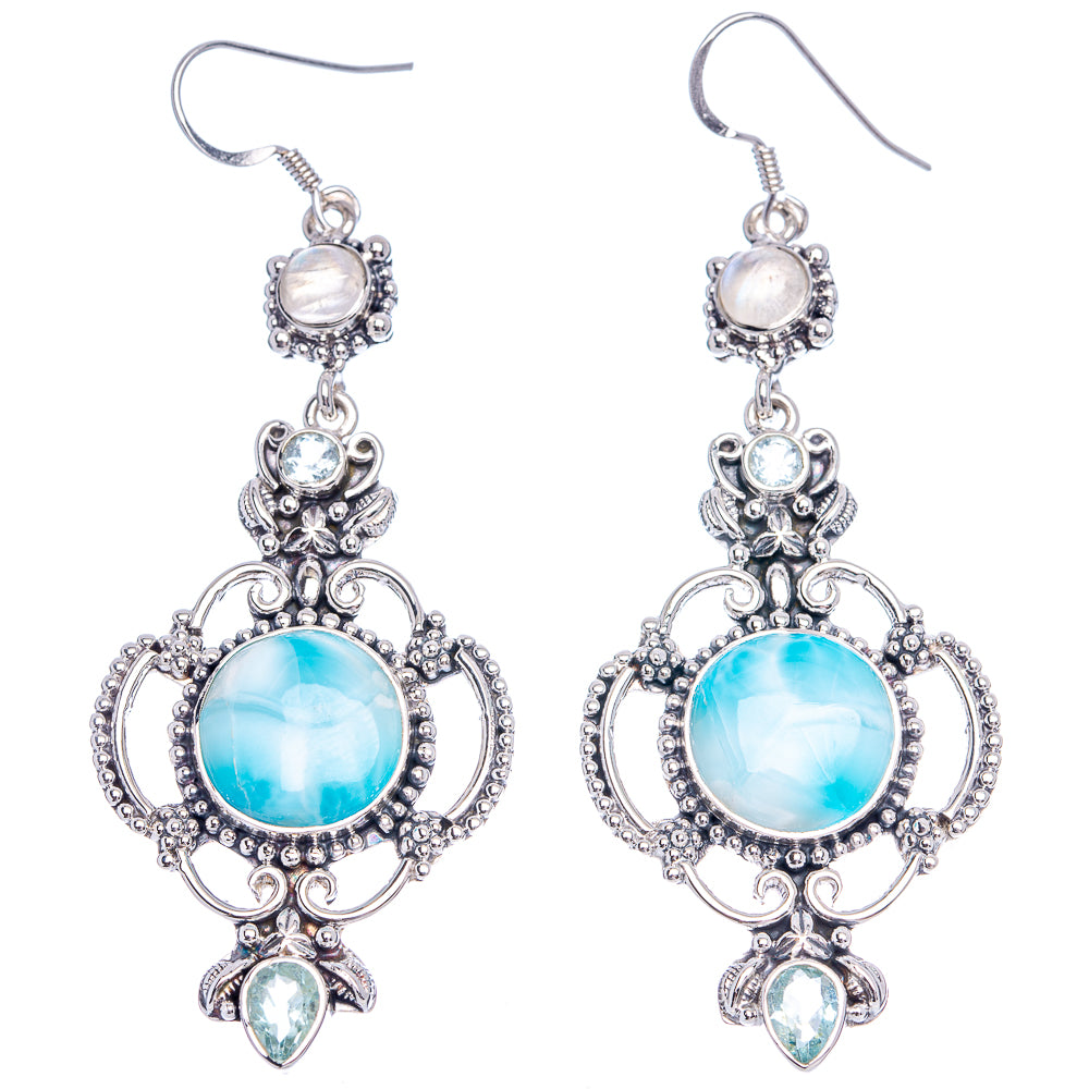 Signature Larimar, Rainbow Moonstone, Aquamarine Earrings 3 1/8" (.925 Sterling Silver)