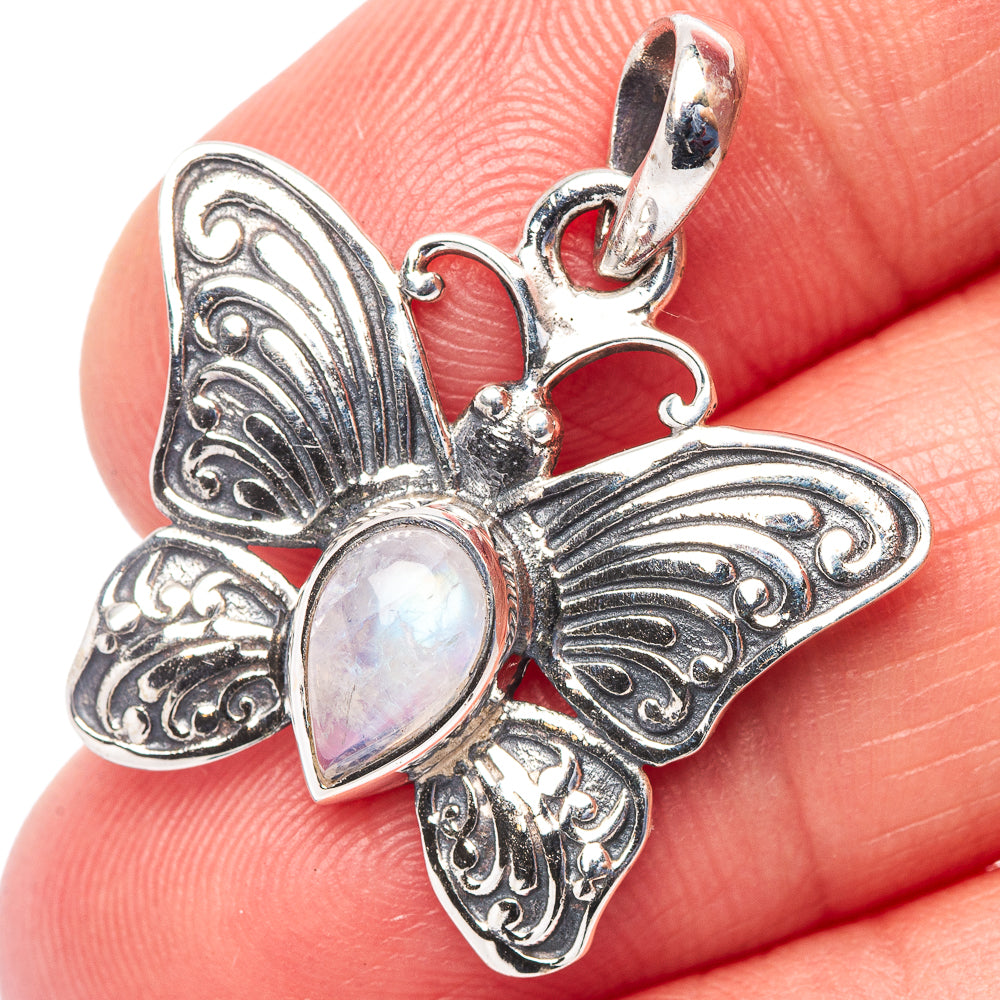 Rainbow Moonstone Butterfly Pendant 1 1/8" (.925 Sterling Silver)