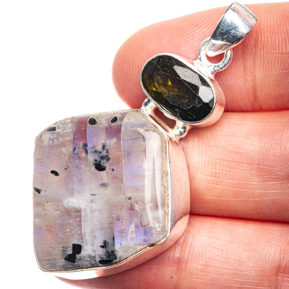 Raw Rainbow Moonstone, Green Tourmaline Pendant 2" (925 Sterling Silver) P39224