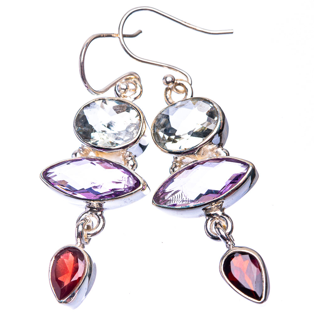Faceted Amethyst, White Quartz, Garnet Earrings 1 7/8" (925 Sterling Silver) E432270