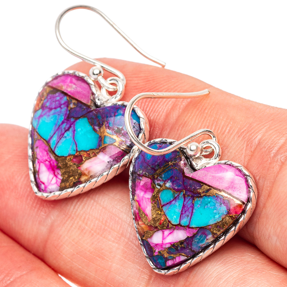 Kingman Pink Dahlia Turquoise Heart Earrings 1 1/8" (925 Sterling Silver) E2486