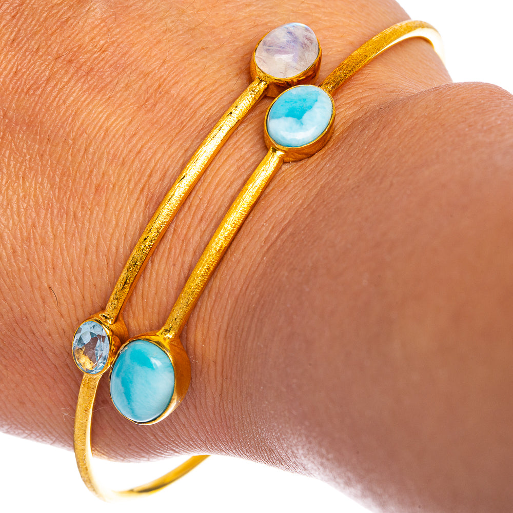 Larimar, Rainbow Moonstone, Blue Topaz Cuff Bracelet 7 To 8" (925 Sterling Silver) BR90334