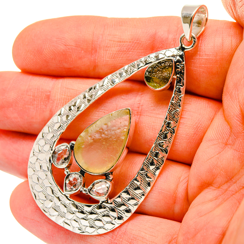 Signature Rough Libyan Desert Glass, Czech Moldavite, Herkimer Diamond Pendant 2 1/2" (925 Sterling Silver) PD37852