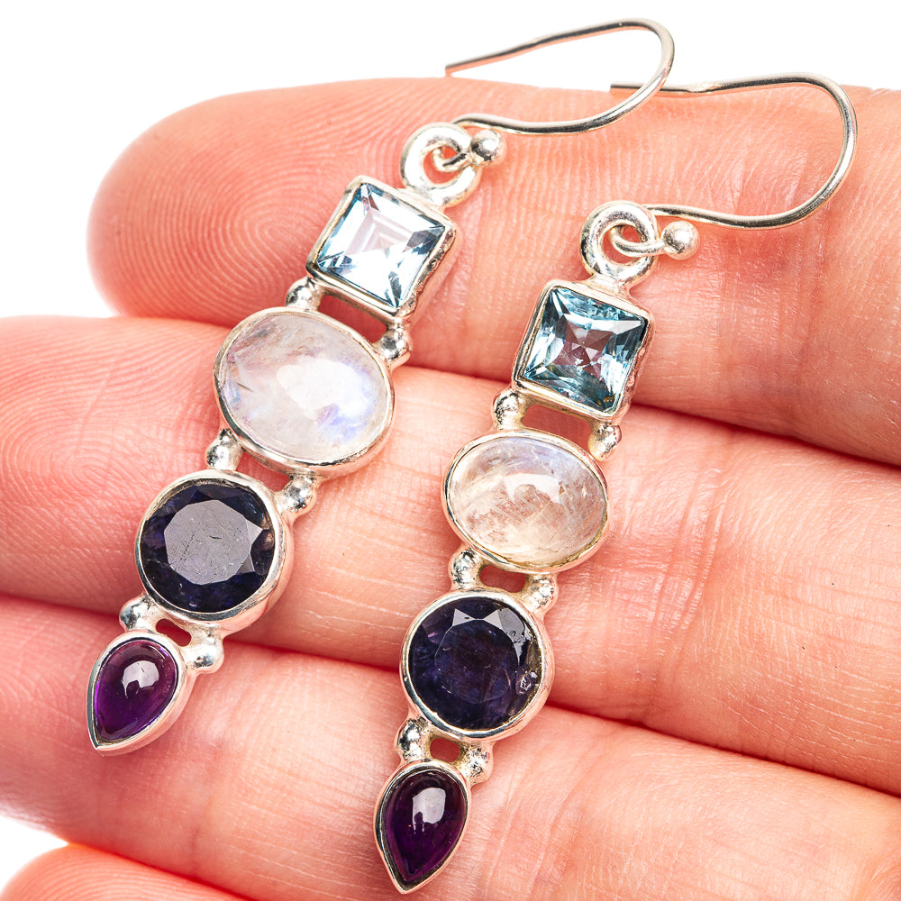 Rainbow Moonstone, Blue Topaz, Tanzanite, Amethyst Earrings 1 7/8" (925 Sterling Silver) E432666