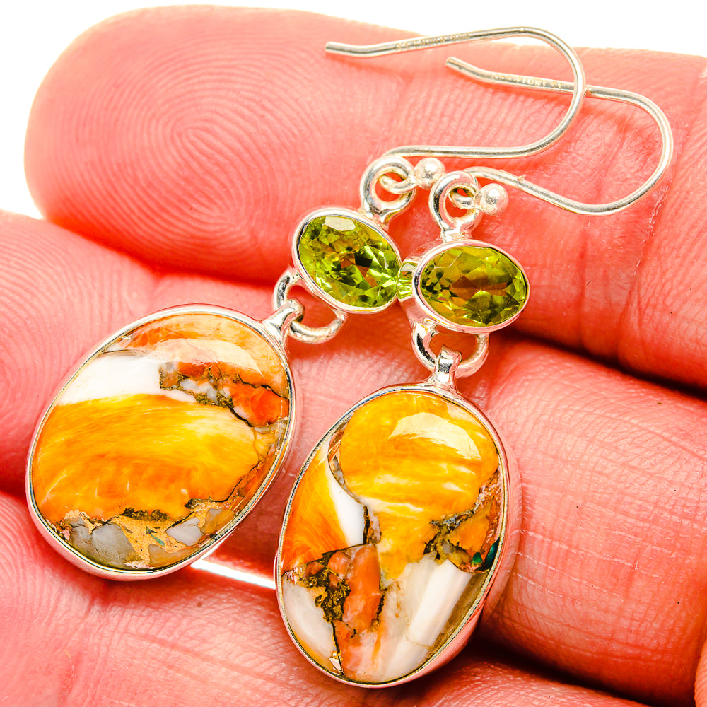 Orange Copper Composite Turquoise, Peridot Earrings 1 3/4" (925 Sterling Silver) EARR432039