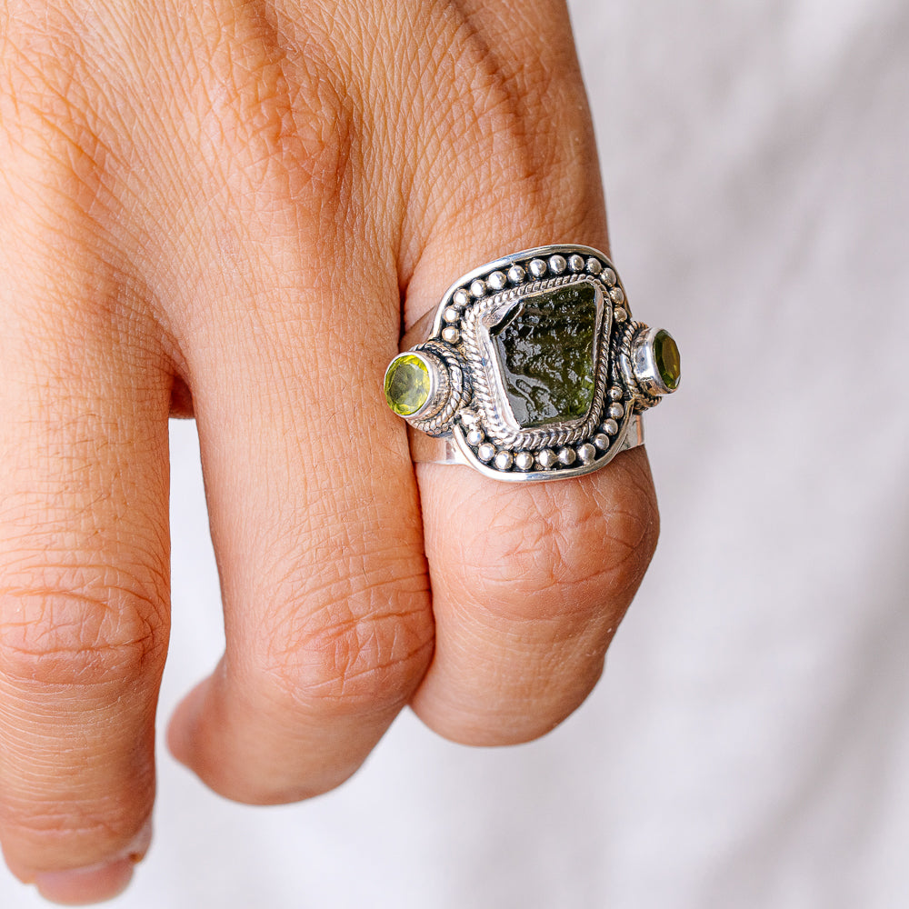Czech Moldavite, Peridot Ring Size 9.25 (925 Sterling Silver) R6037