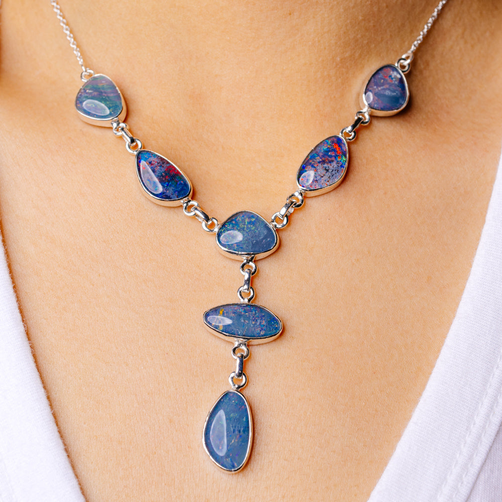 Rare Triplet Opal Necklace 16 5/8 To 18 3/8" (925 Sterling Silver) N90115