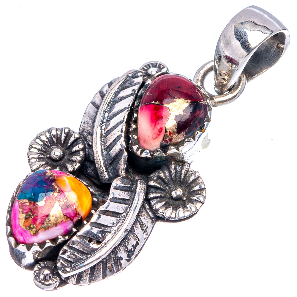 Native Style Pink + Red Dahlia Mohave Turquoise Pendant 1 1/2" (.925 Sterling Silver)
