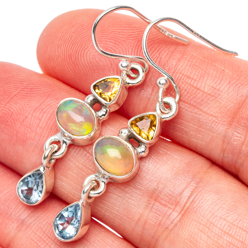 Rare Ethiopian Opal, Citrine, Blue Topaz Earrings 1 5/8" (925 Sterling Silver) E1644