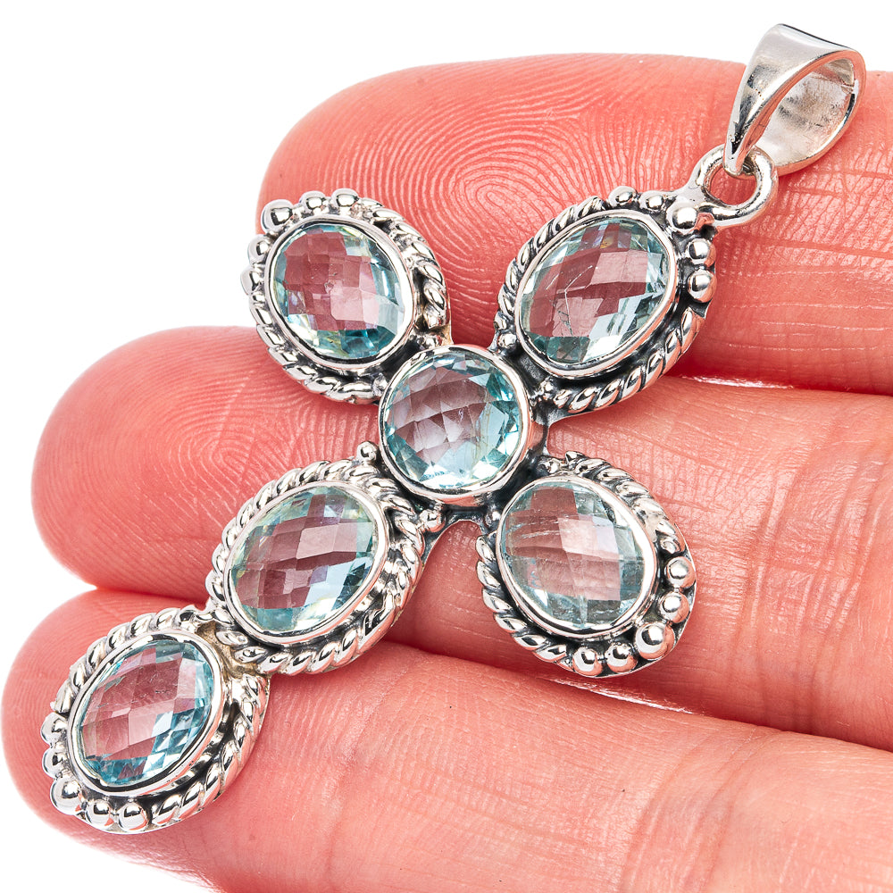 Signature Blue Topaz Cross Pendant 2 1/8" (925 Sterling Silver) P42286