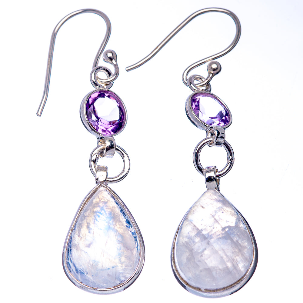 Rainbow Moonstone, Amethyst Earrings 1 3/4" (.925 Sterling Silver)