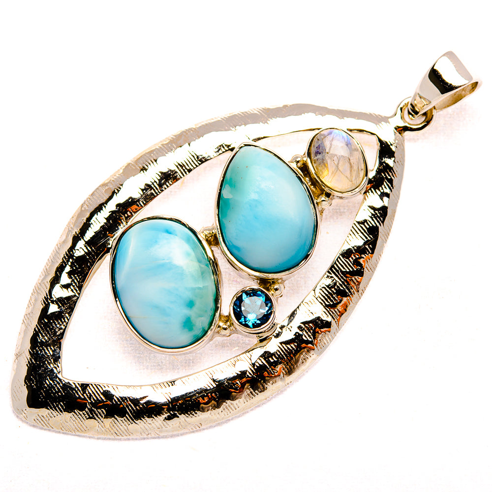 Signature Larimar, Rainbow Moonstone, Blue Topaz 925 Sterling Silver Pendant 2 3/8" (925 Sterling Silver) PD37790
