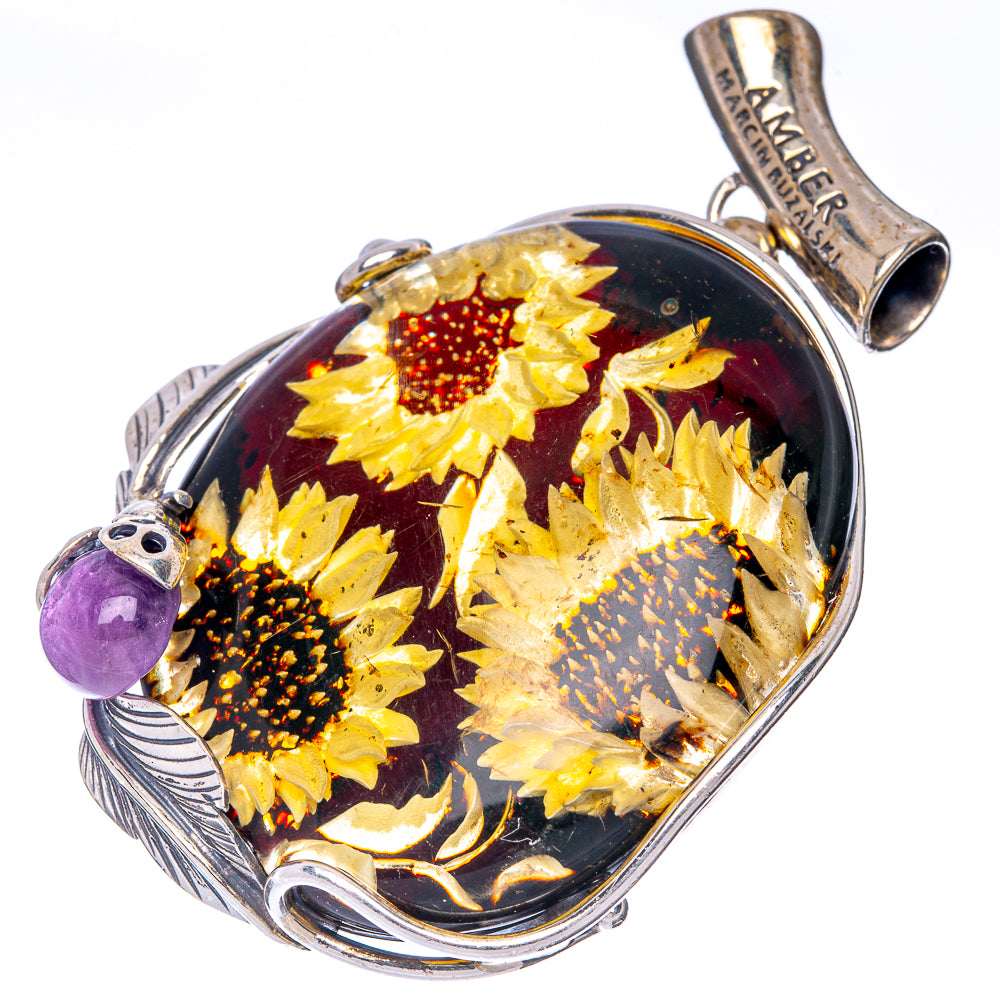 Anasilvercos Baltic Amber Cameo Pendant 2 1/4" (925 Sterlnig Silver)