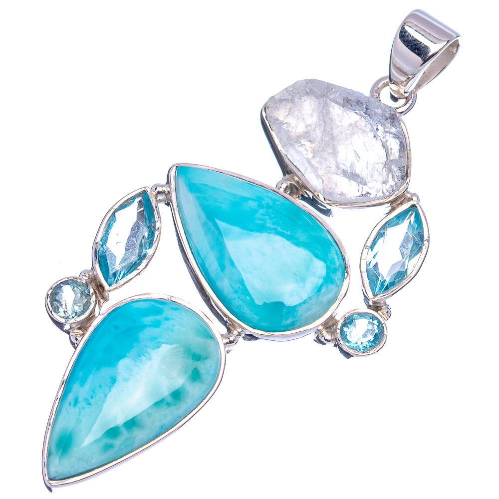 Signature Larimar, Blue Topaz, Rainbow Moonstone Pendant 2 1/4" (.925 Sterling Silver)