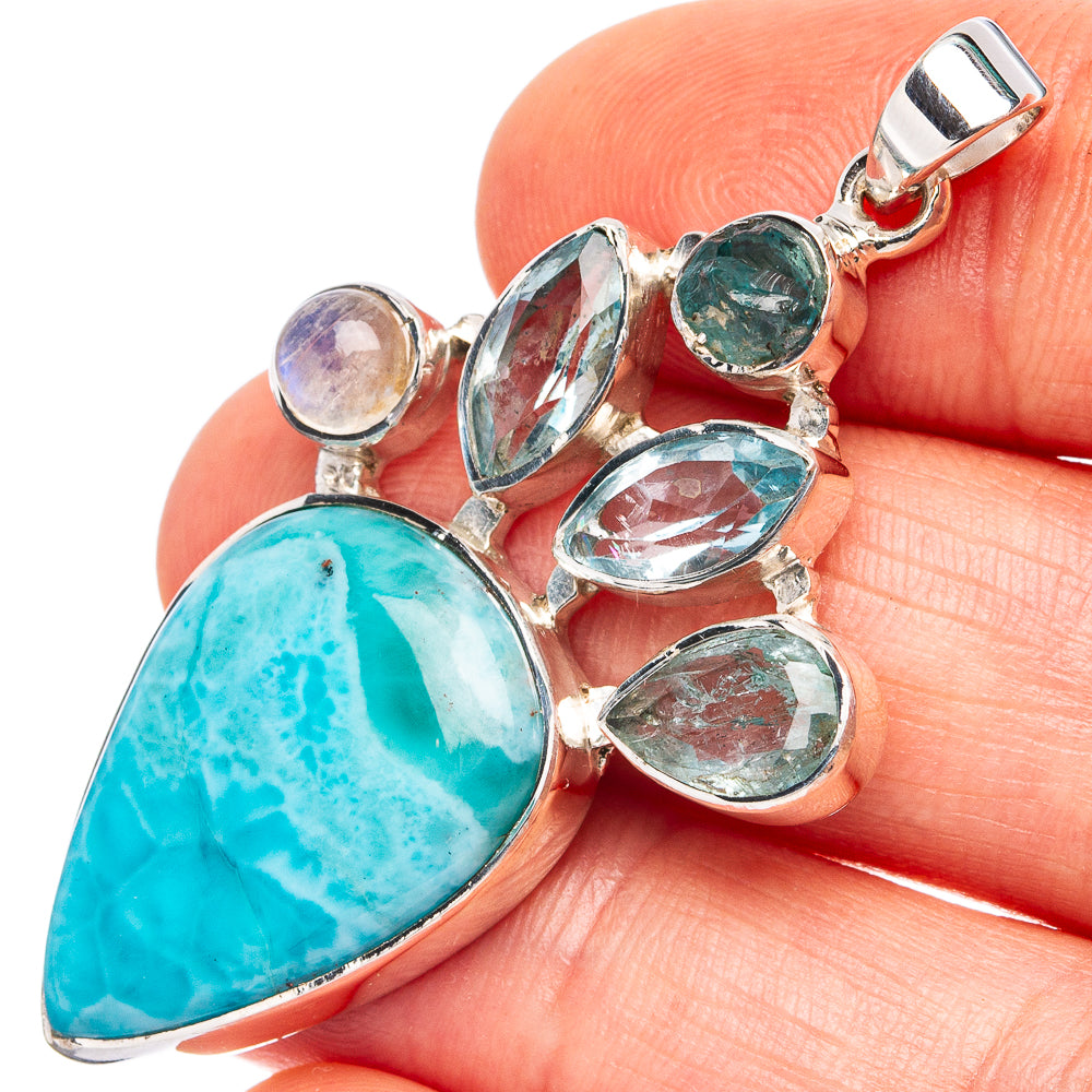 Signature Larimar, Blue Topaz, Rainbow Moonstone Pendant 2" (.925 Sterling Silver)