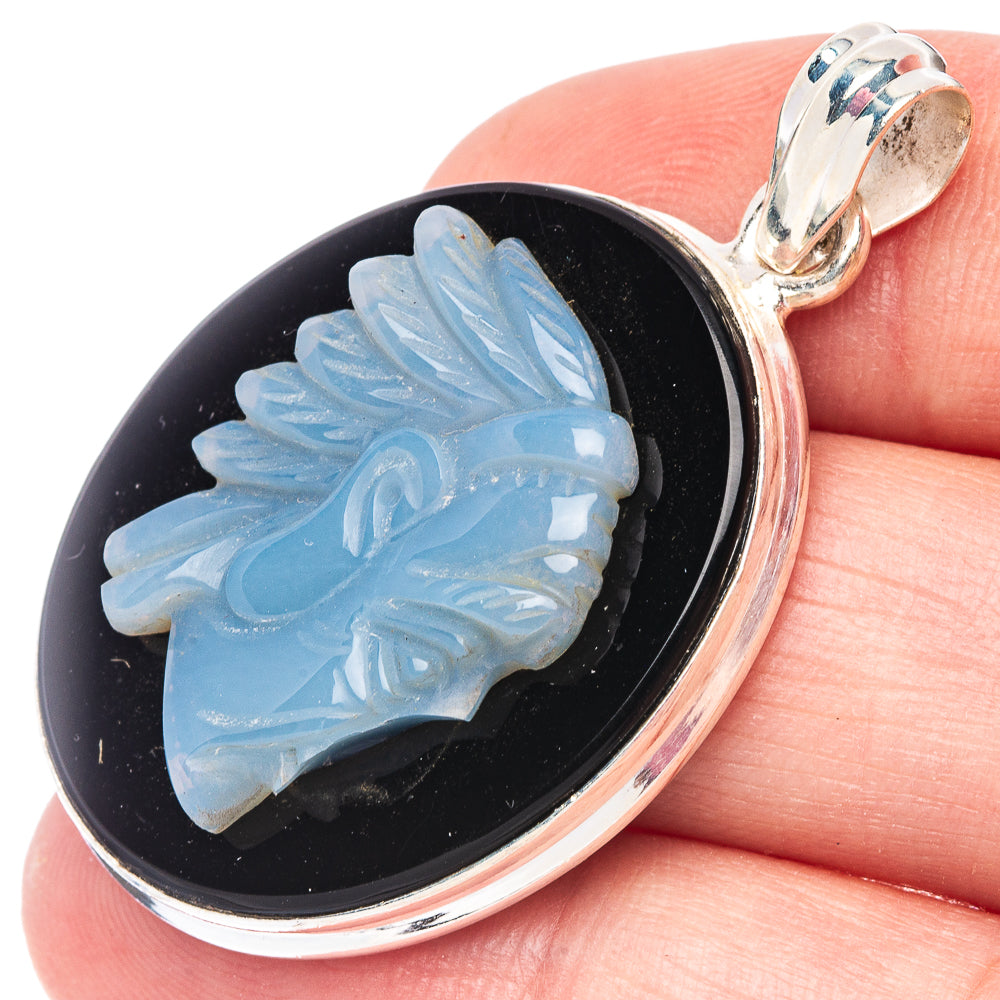 Rare Carved Opal Indian Cameo On Black Onyx Pendant 1 3/4" (925 Sterling Silver) P44445