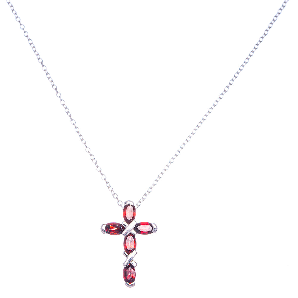 Garnet Cross Necklace 18" (925 Sterling Silver) N90062
