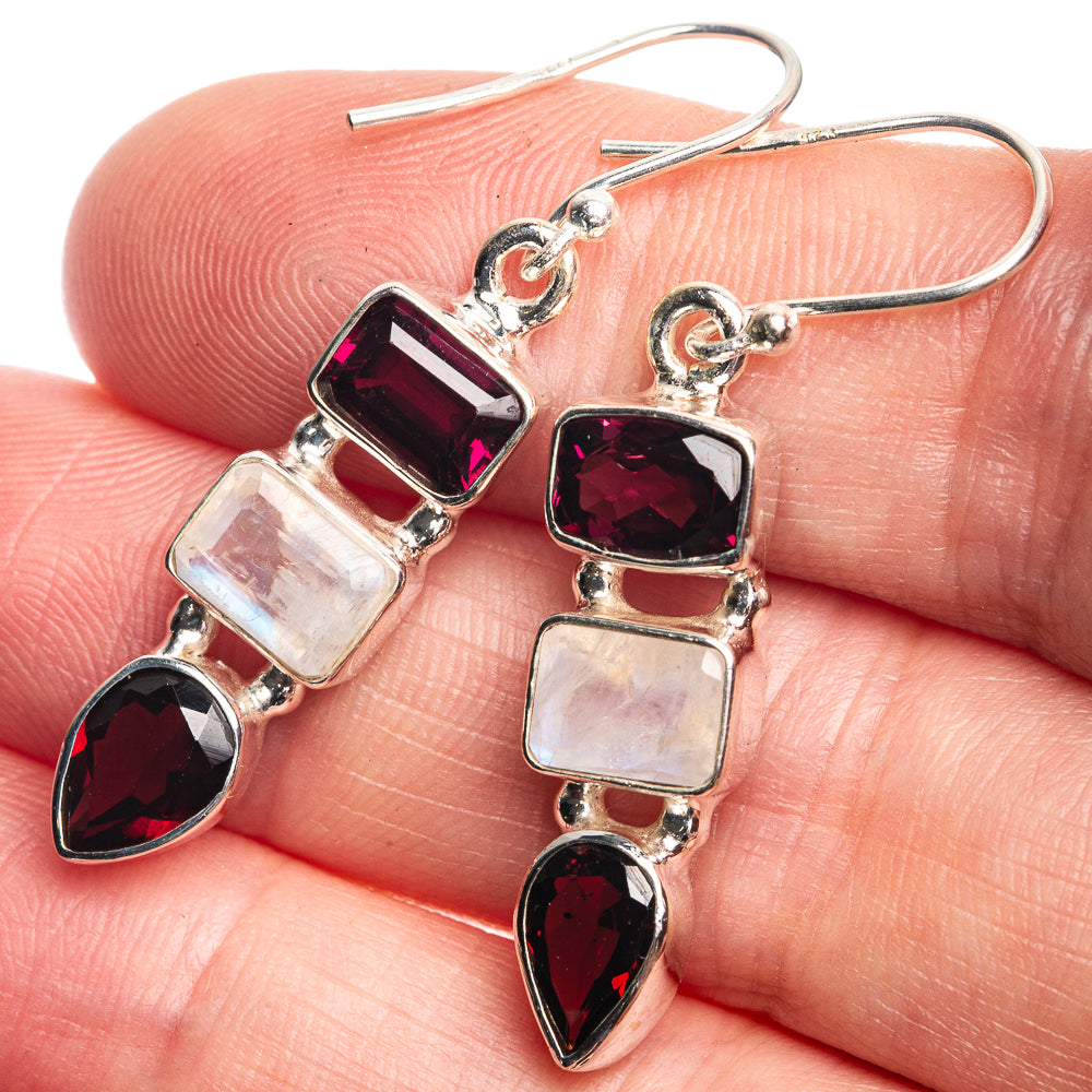 Rainbow Moonstone, Garnet Earrings 1 5/8" (925 Sterling Silver) E432480