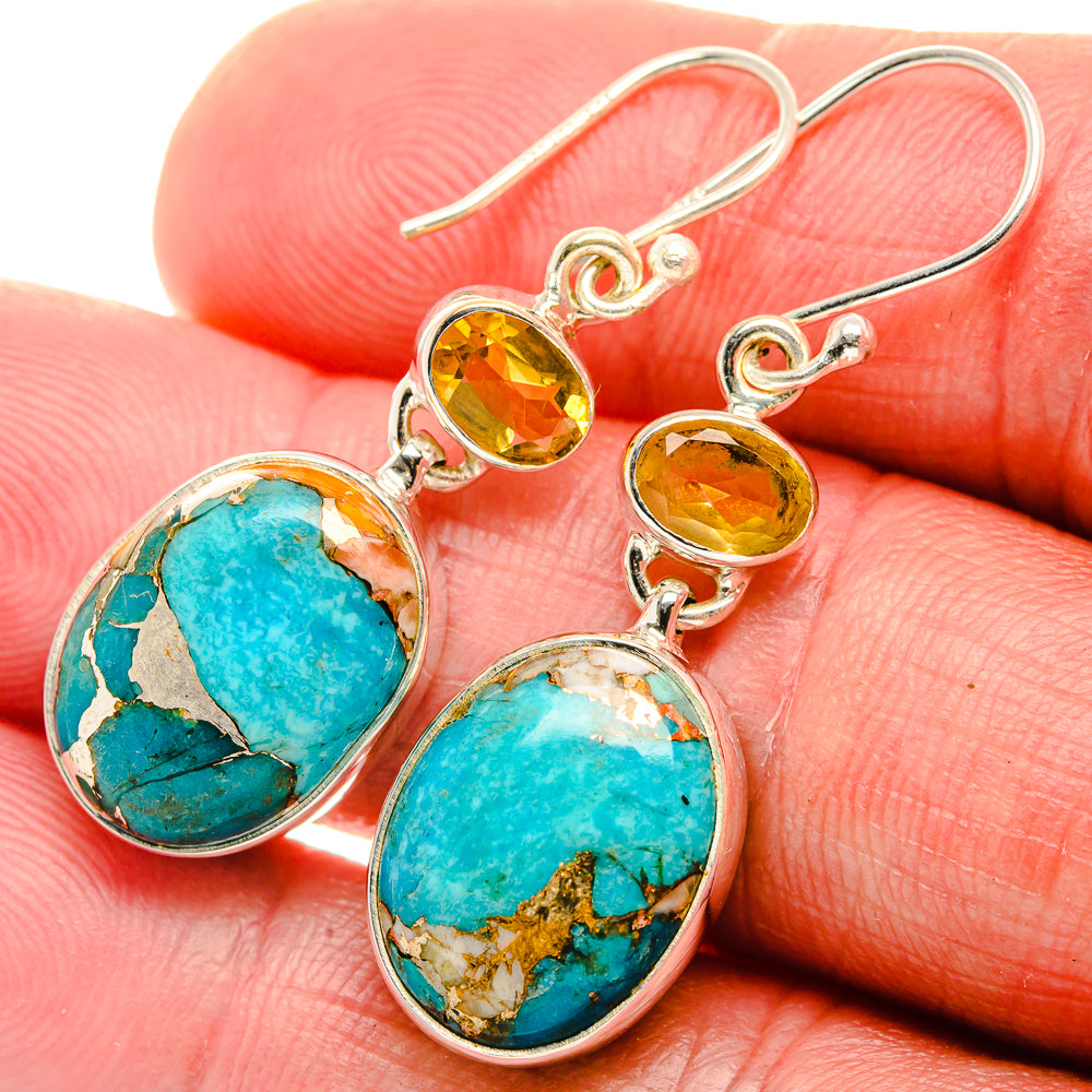 Spiny Oyster Turquoise, Citrine Earrings 1 3/4" (925 Sterling Silver) EARR432034