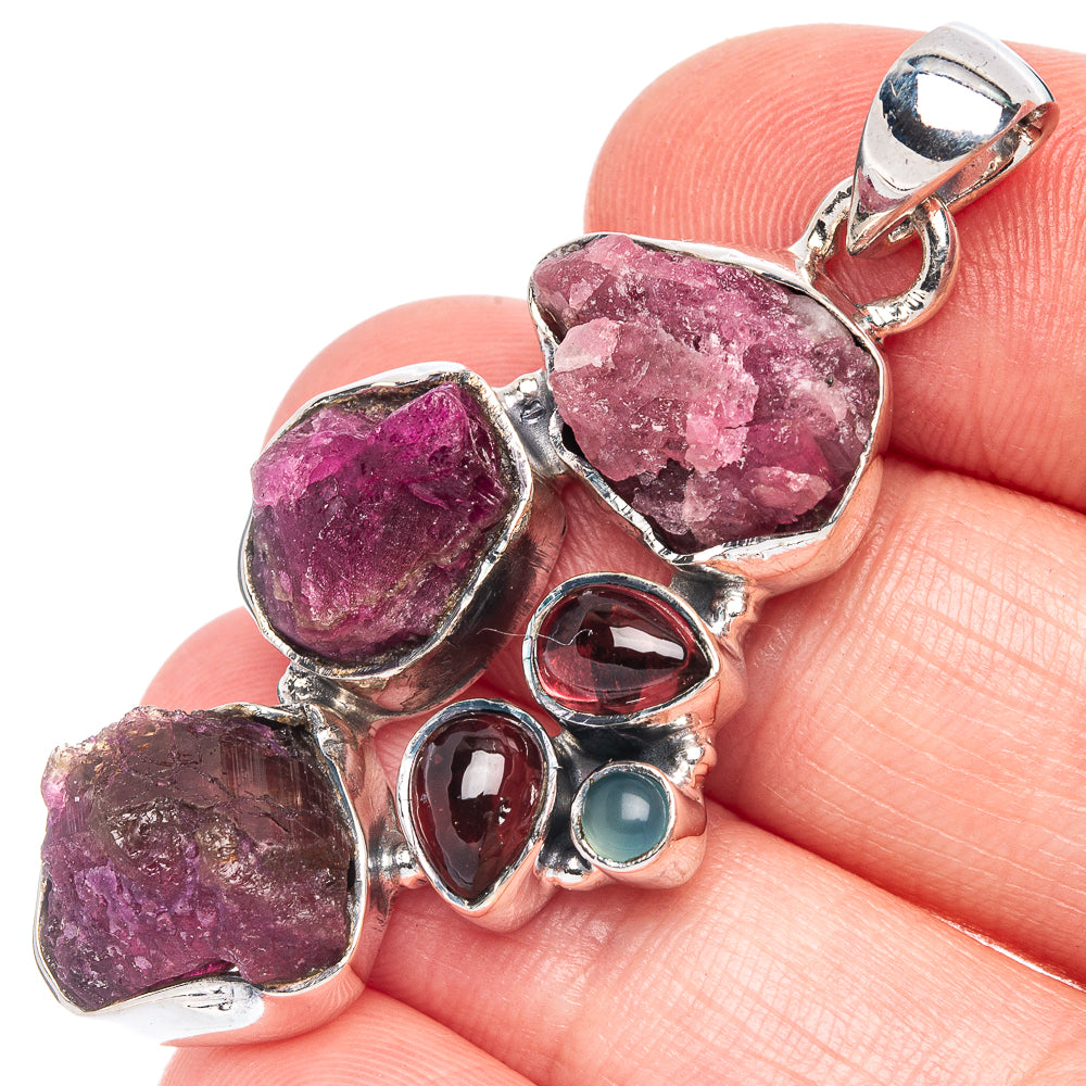 Rare Pink Tourmaline, Aqua Chalcedony Pendant 1 7/8" (925 Sterling Silver) P44341