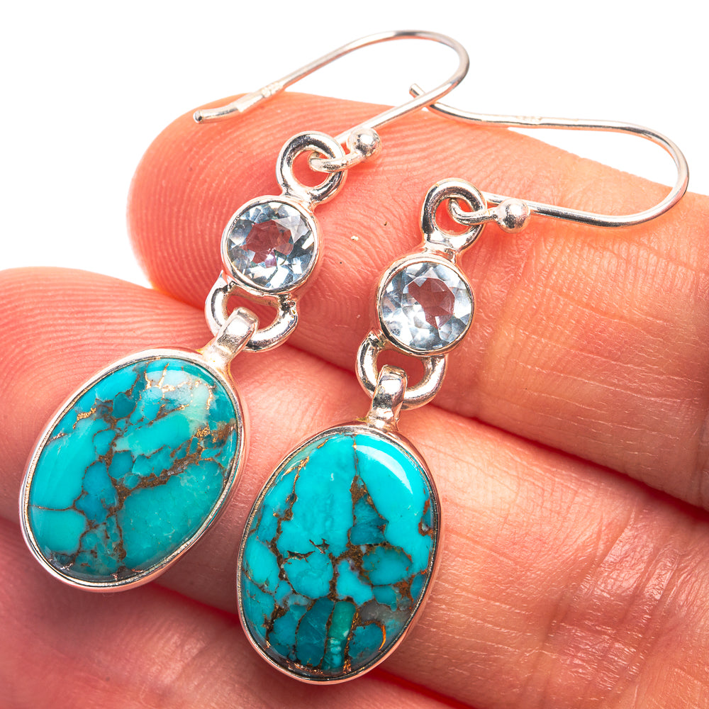 Blue Copper Composite Turquoise, Blue Topaz Earrings 1 5/8" (925 Sterling Silver) E432370