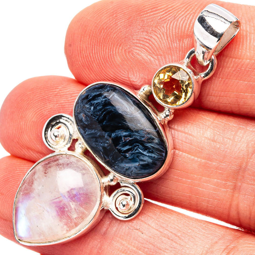 Premium Pietersite, Rainbow Moonstone, Citrine Pendant 1 3/4" (.925 Sterling Silver)