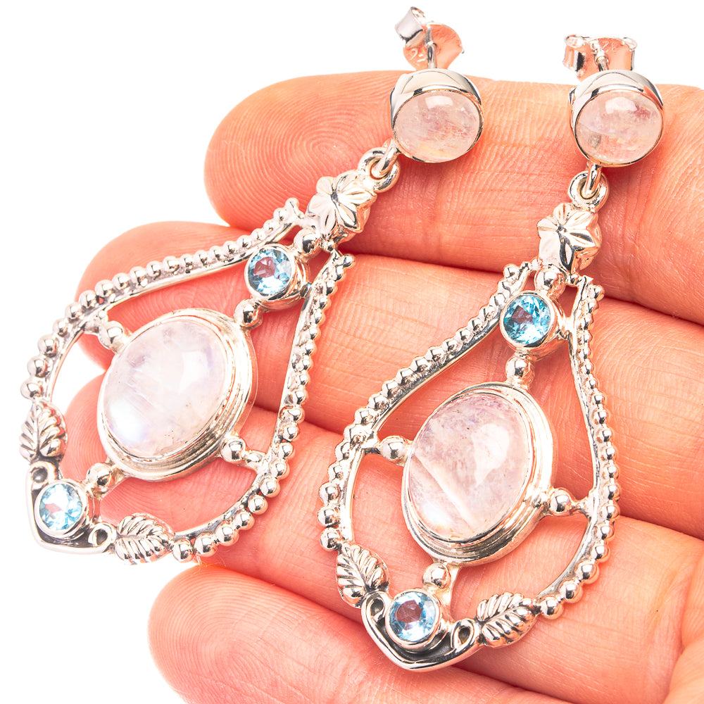 Signature Rainbow Moonstone, Blue Topaz Earrings 2 1/8" (925 Sterling Silver) E432339