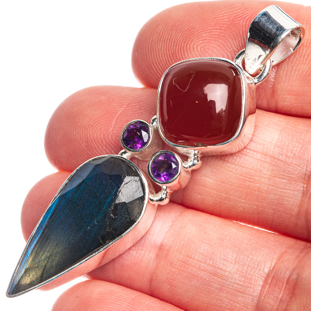 Labradorite, Carnelian, Amethyst Pendant 2 1/8" (925 Sterling Silver) P39746