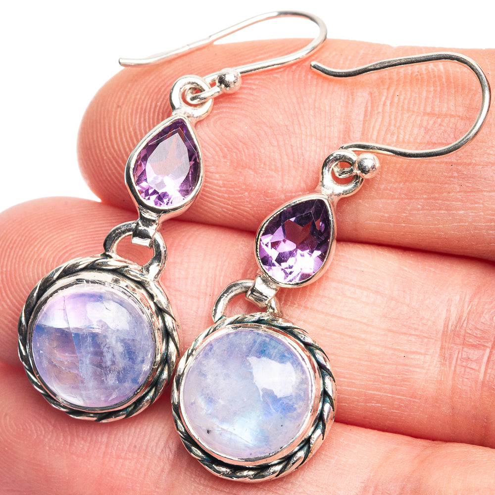 Rainbow Moonstone, Amethyst Earrings 1 5/8" (925 Sterling Silver) E432601