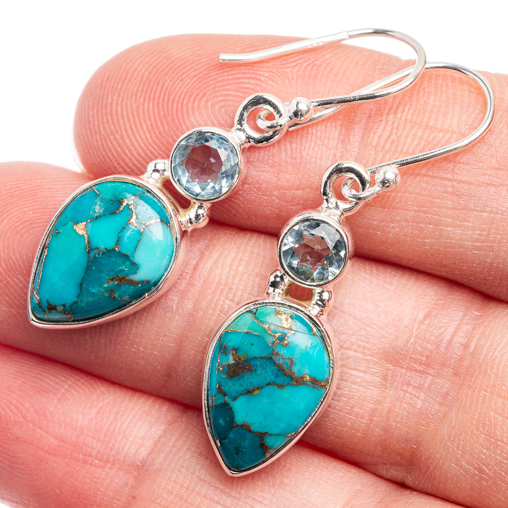 Blue Copper Composite Turquoise, Blue Topaz Earrings 1 1/2" (925 Sterling Silver) E432449
