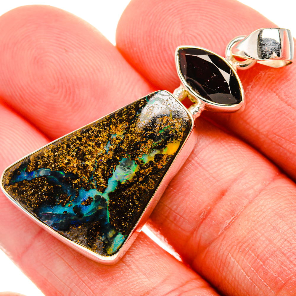 Boulder Opal, Black Onyx 925 Sterling Silver Pendant 1 3/4" (925 Sterling Silver) PD38376