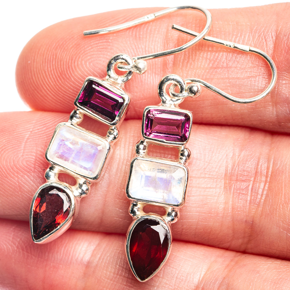 Rainbow Moonstone, Garnet Earrings 1 1/2" (925 Sterling Silver) E432739