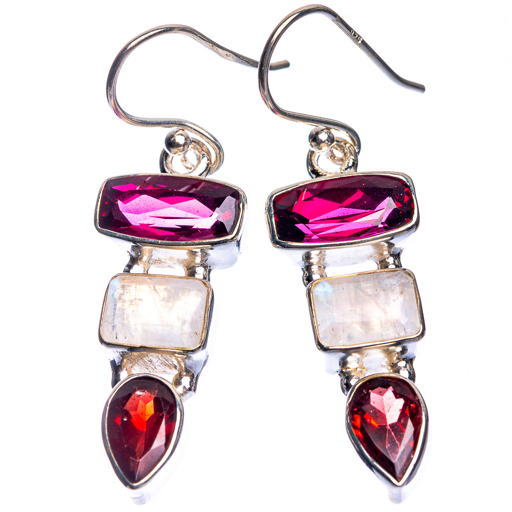 Garnet, Rainbow Moonstone Earrings 1 5/8" (925 Sterling Silver) E432659
