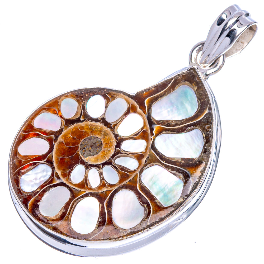 Rare Mother Of Pearl Ammonite Fossil Pendant 1 3/4" (925 Sterling Silver) P40559